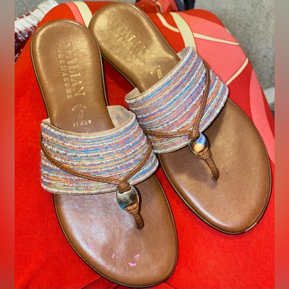 Italian Shoe Makers Soft Brown Leather Sandals Woven Metallic Rainbow Thong 9.5 - Picture 5 of 16